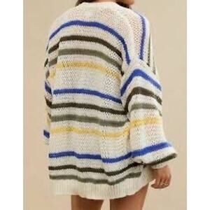 Aerie Slouchy Cardigan Sweater Blue & Cream Open Knit Chunky Cozy Size Large